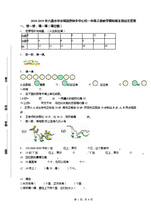 2018-2019年六盘水市水城县野钟乡中心校一年级上册数学模拟期末测试无答案