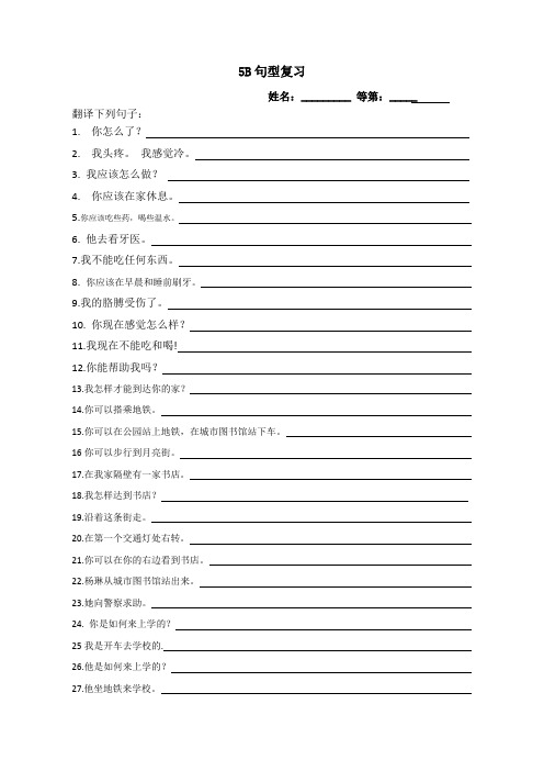[译林版]5B Unit6句子复习默写纸