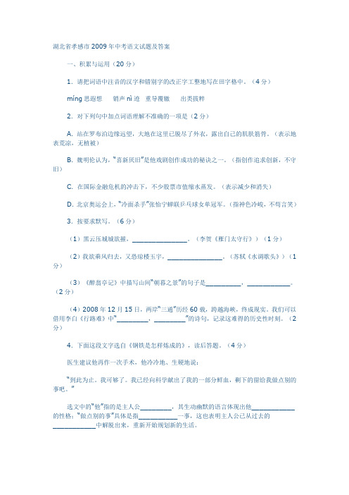 湖北省孝感市2009年中考语文试题及答案
