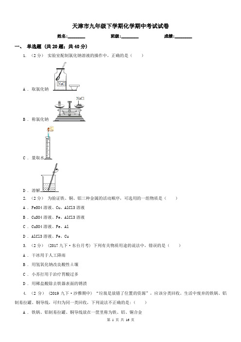 天津市九年级下学期化学期中考试试卷