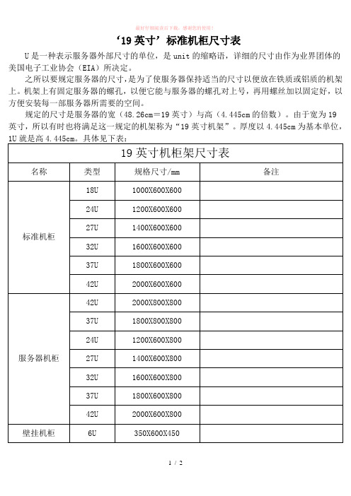 标准机柜尺寸表