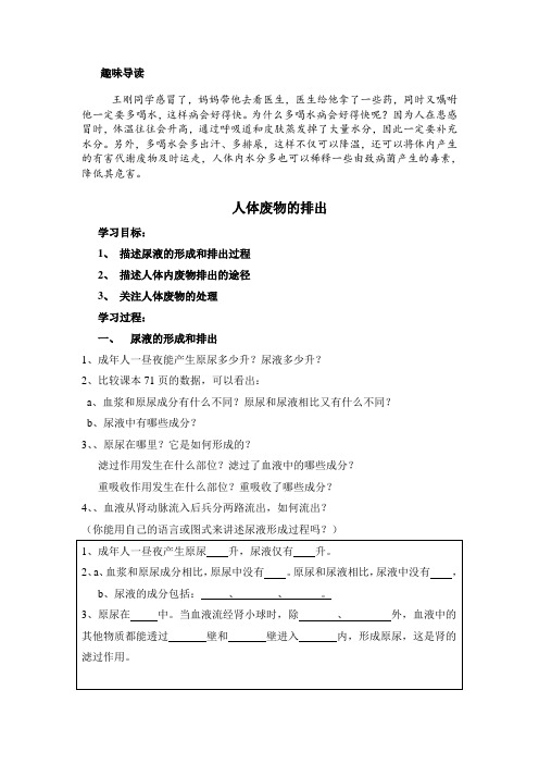 苏教版七年级下册第十一章第二节人体废物的排出学案