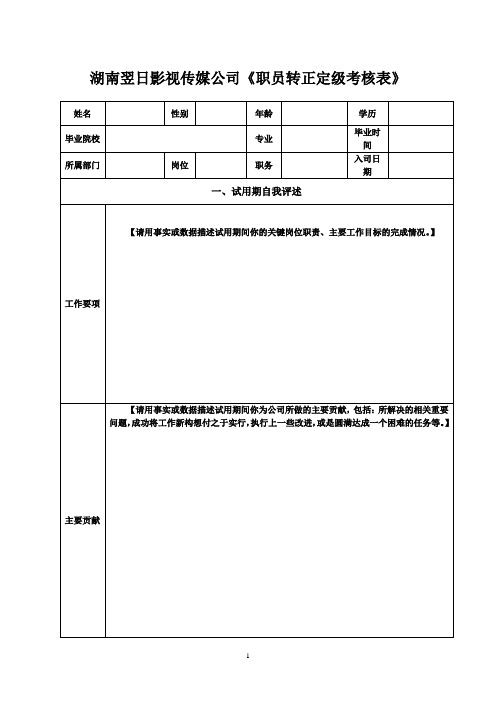 湖南翌日影视传媒公司《职员转正定级考核表》