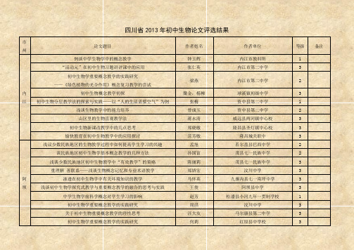 四川省2013年初中生物论文评选结果