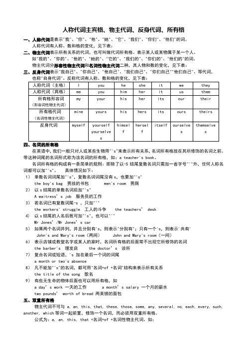 人称代词主宾格、物主代词、反身代词表格