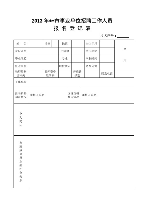 2013年XX市事业单位招聘工作人员报名登记表【模板】