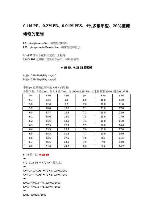 0.1M PB、0.2M PB、0.01M PBS、4%多聚甲醛、20%蔗糖溶液的配制