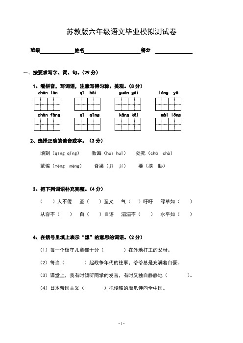 新二模试卷   苏教版六年级语文毕业模拟测试卷