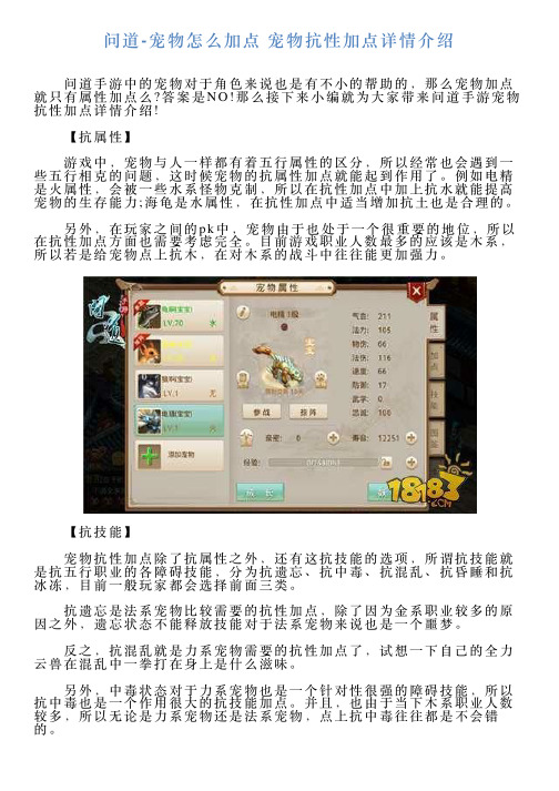 问道宠物怎么加点宠物抗性加点详情介绍