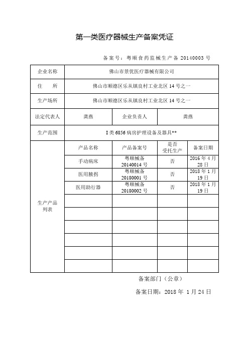 第一类医疗器械生产备案凭证