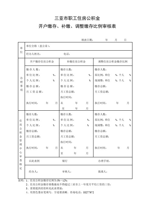 三亚市职工住房公积金开户缴存、补缴、调整缴存比例申请审批表