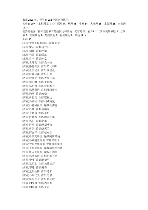 世界国家首都和地区首府(截止到2023)