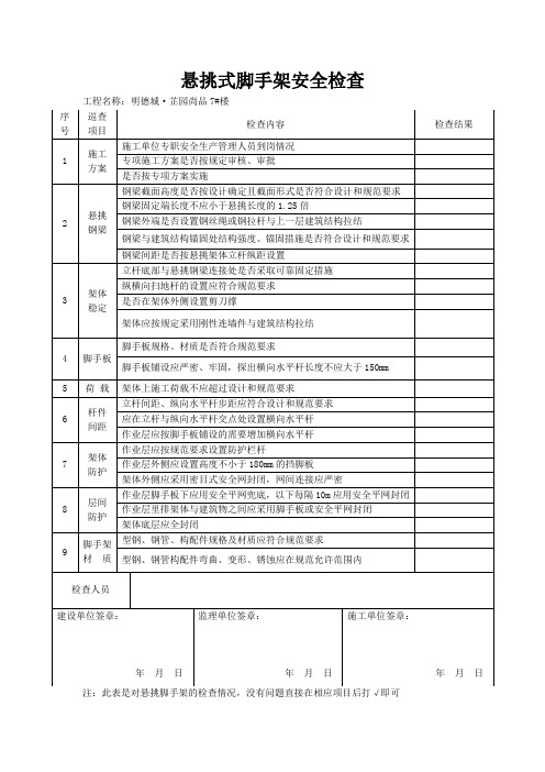悬挑脚手架安全检查表