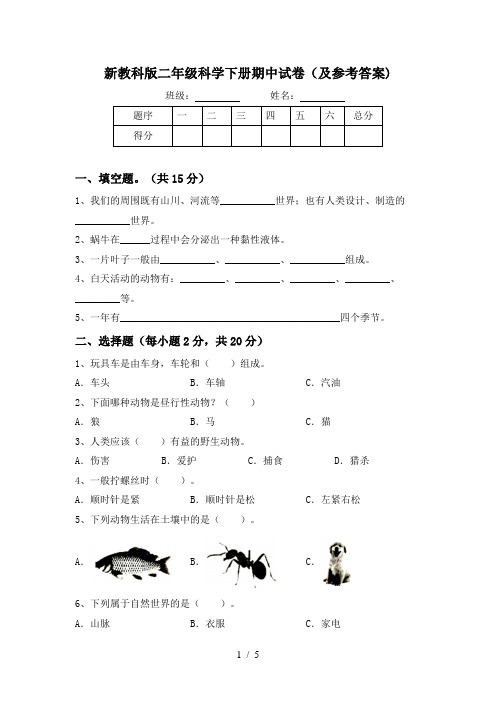 新教科版二年级科学下册期中试卷(及参考答案)