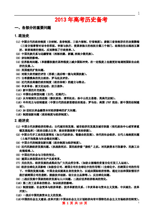 2013年高考历史备考重点