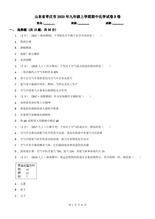 山东省枣庄市2020年九年级上学期期中化学试卷B卷