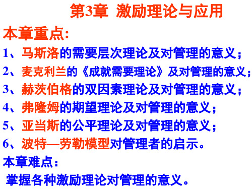 第3章 激励理论与应用本章重点：1、马斯洛的需要层次理论