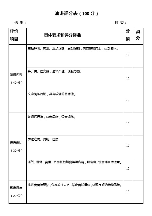 “红旗飘飘-引我成长”演讲评分表