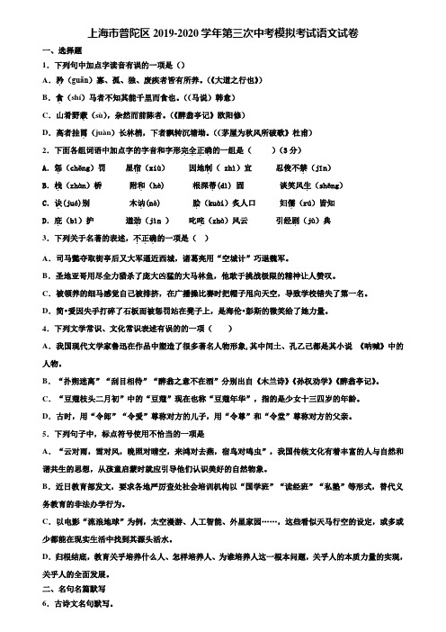 上海市普陀区2019-2020学年第三次中考模拟考试语文试卷含解析