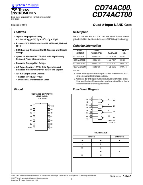 TEXAS INSTRUMENTS CD74AC00, CD74ACT00 说明书