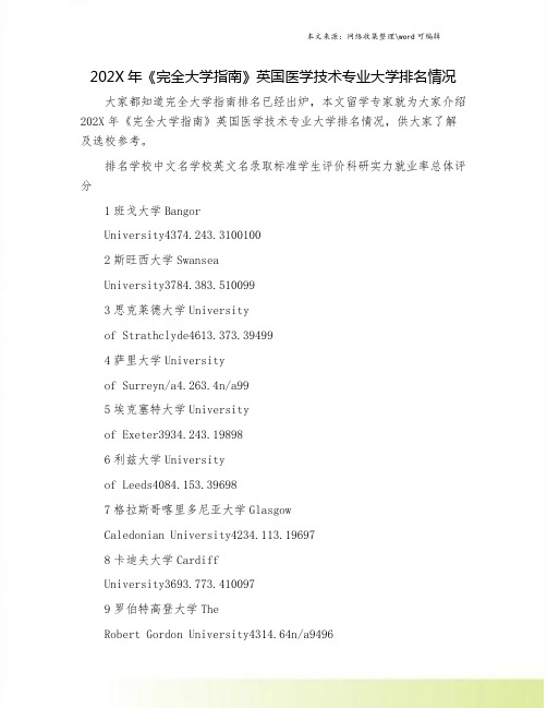 202X年《完全大学指南》英国医学技术专业大学排名情况.doc