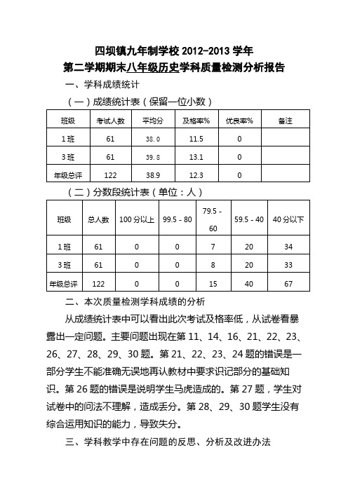 八年级历史质量分析报告