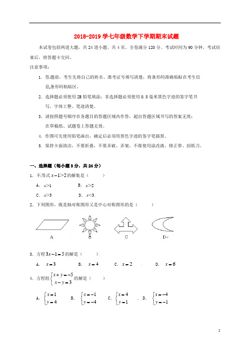 2018-2019学年人教版七年级数学第二学期期末考试试题及答案