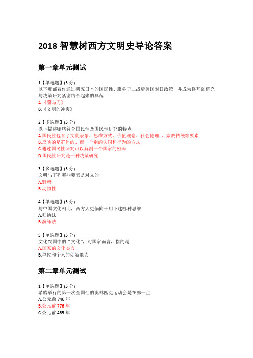 2018智慧树西方文明史导论答案