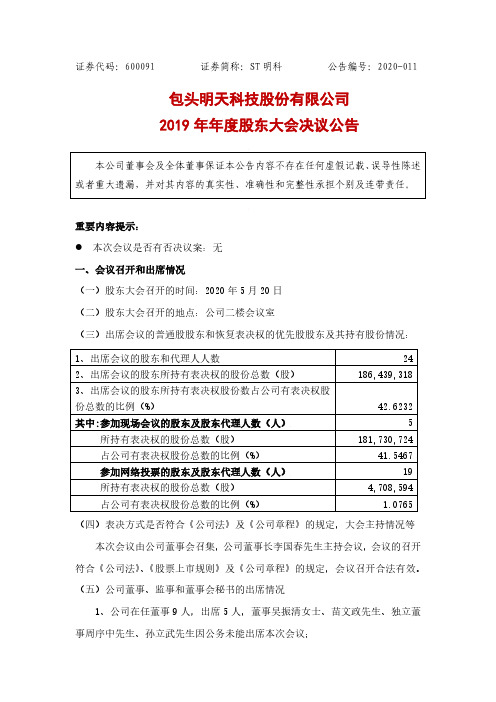 ST明科：2019年年度股东大会决议公告