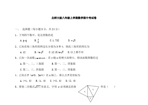 北师大版八年级上学期数学期中考试卷含答案