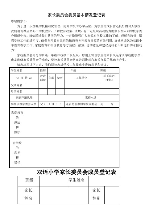 家长委员会委员基本情况登记表