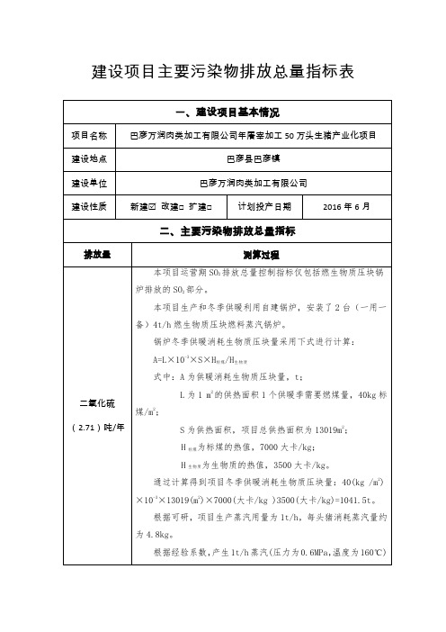 建设项目主要污染物排放总量指标表
