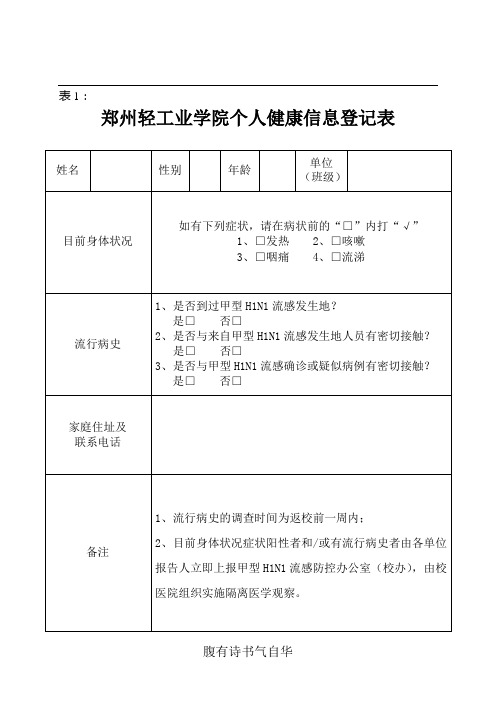 郑州轻工业学院个人健康信息登记表