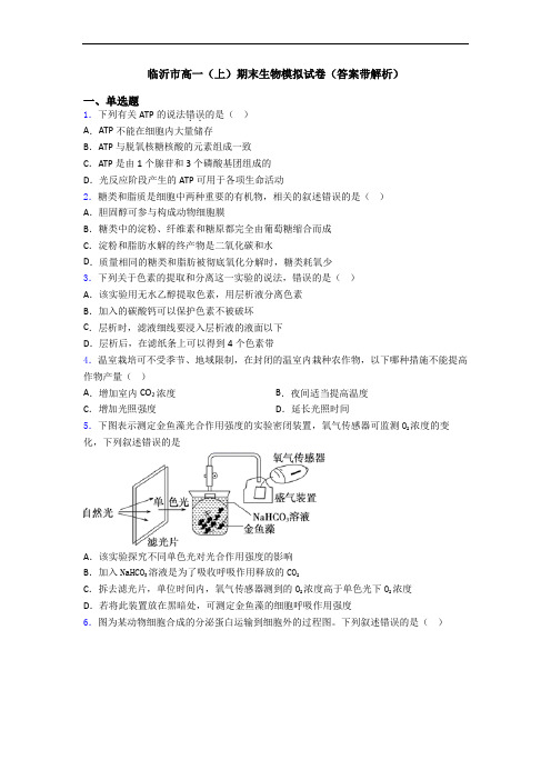 临沂市高一(上)期末生物模拟试卷(答案带解析)