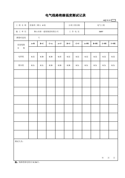 电气线路绝缘强度测试记录AQ2.6.10