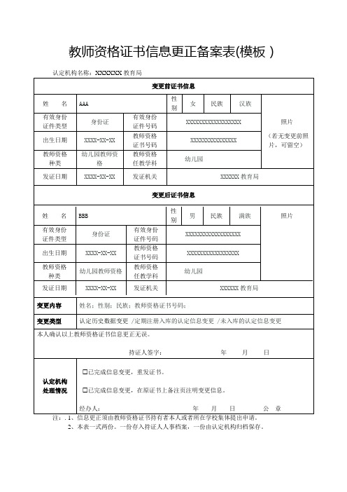 教师资格证书信息更正备案表(模板)