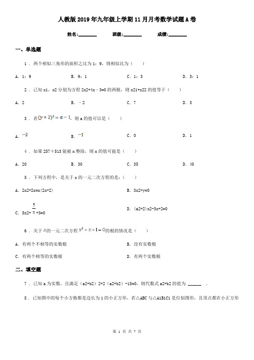 人教版2019年九年级上学期11月月考数学试题A卷