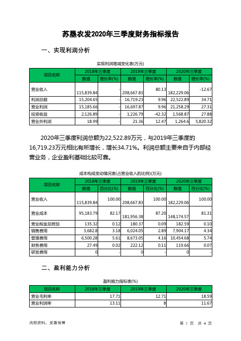 苏垦农发2020年三季度财务指标报告