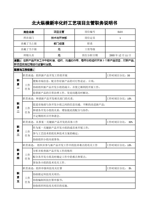 北大纵横新丰化纤工艺项目主管职务说明书
