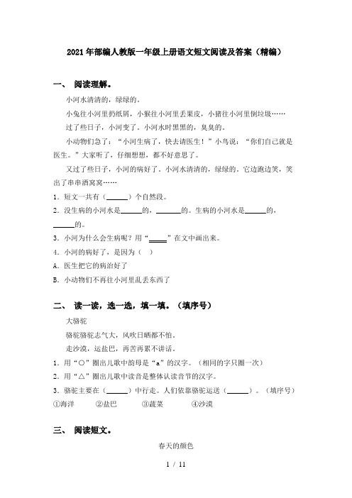 2021年部编人教版一年级上册语文短文阅读及答案(精编)