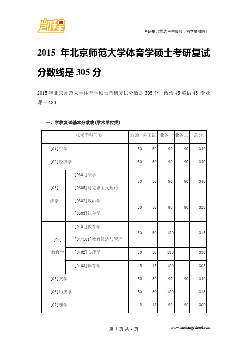 2015年北京师范大学体育学硕士考研复试分数线是305分