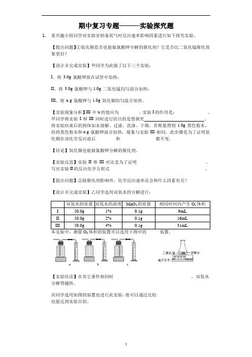 人教版九年级化学期中考试复习专题——实验探究题(Word版含答案)