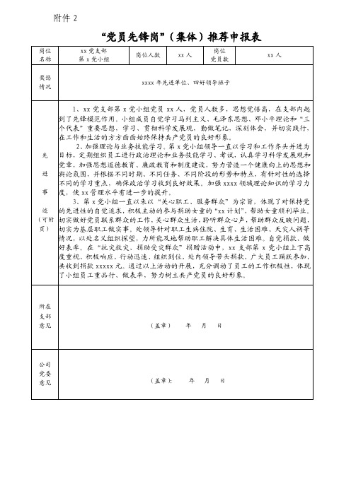 “党员先锋岗”（集体）推荐申报表