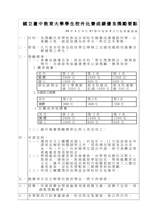国立台中教育大学学生校外比赛成绩优良奖励要点.