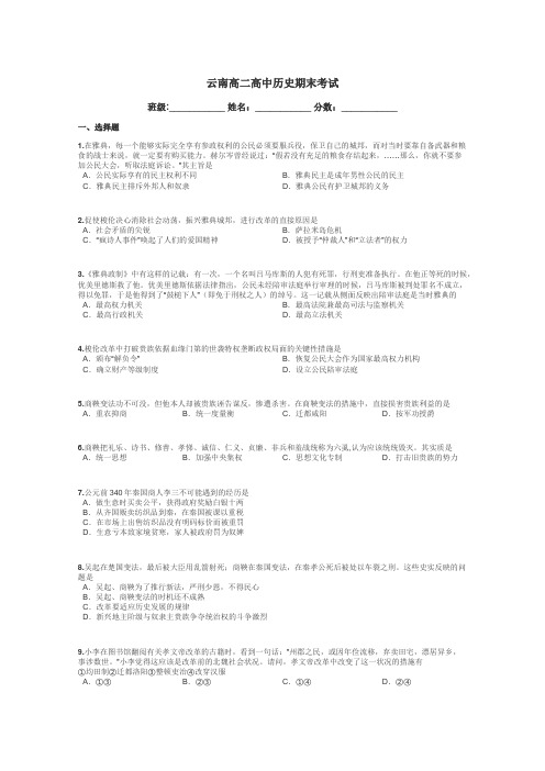 云南高二高中历史期末考试带答案解析
