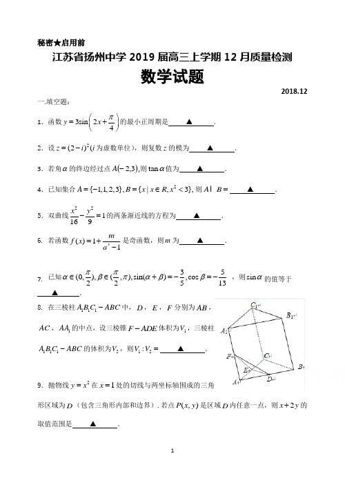 江苏省扬州中学2019届高三上学期12月月考数学试卷+参考答案