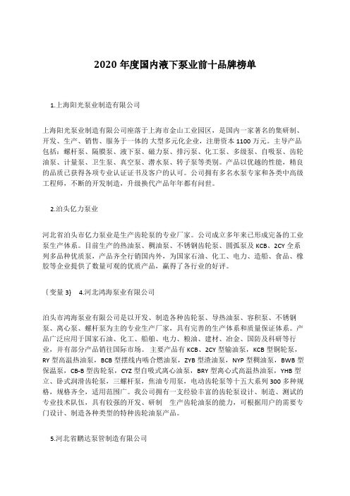 2020年度国内液下泵业前十品牌榜单
