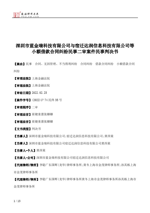 深圳市蓝金瑞科技有限公司与宿迁达润信息科技有限公司等小额借款合同纠纷民事二审案件民事判决书