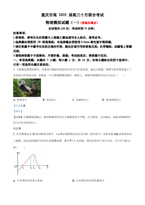 重庆市2024-2025学年高三上学期十月联合考试物理模拟试题(一)含答案