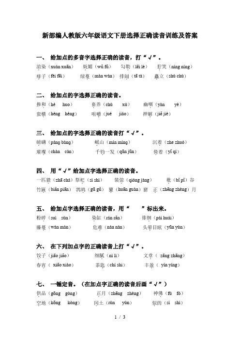 新部编人教版六年级语文下册选择正确读音训练及答案